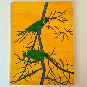 12 X 16 original acrylic exotic bird painting in yellow and green on canvas